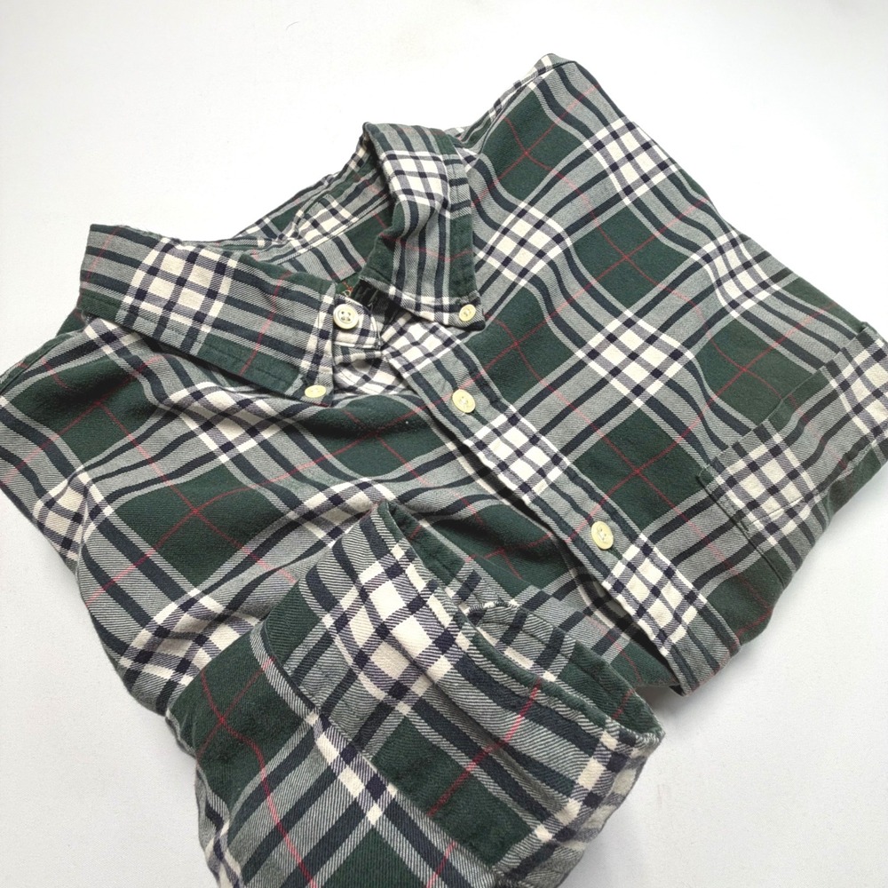 J.Crew Plaid Flannel‎ Shirt Mens XL Green White Cotton Button Down